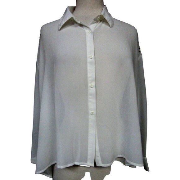 Romeo & Juliet Couture Semi Sheer Beaded Shoulders Hi-Lo Blouse Cream Roomy M - Picture 10 of 10